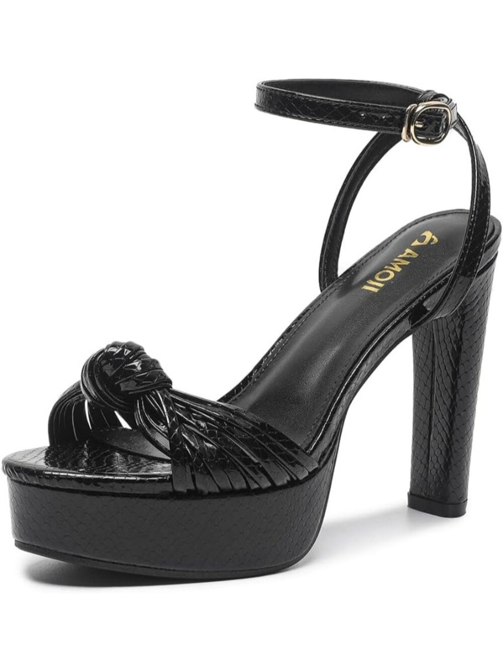 Women's Black PU 4.8 Inches Braid Knot Platform Block Heels Open Toe Heeled